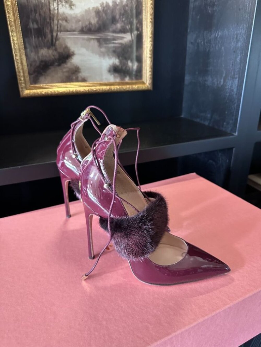 Kendall Miles Throne Patent Pump with Mink Fur in Burgundy | Size 37 (US 7)